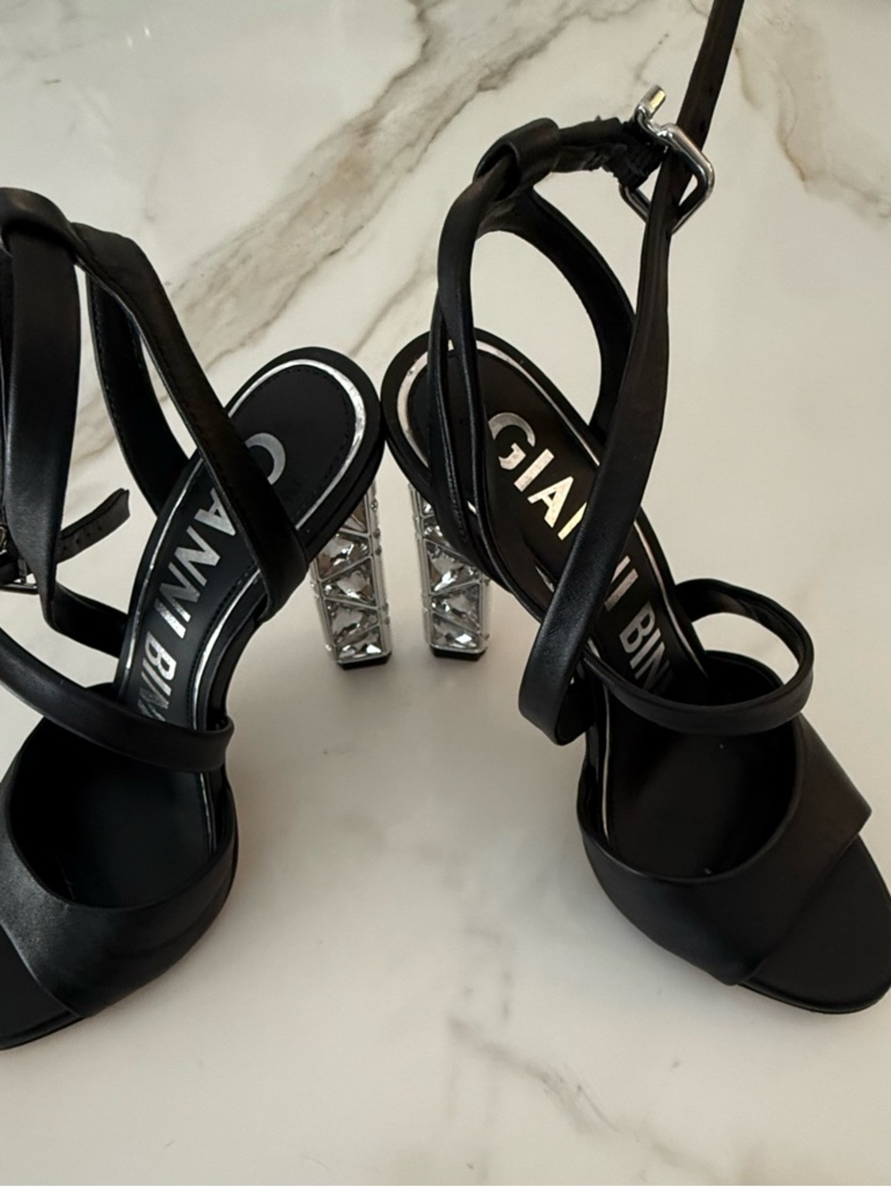 Gianni Bini Black Strappy Sandals with Silver Crystal Block Heels